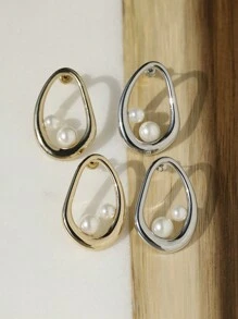 1 Pair Minimalist Faux Pearl Earrings, Asymmetrical Polished Line ...