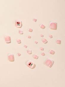 24 piezas de uñas postizas de dedos de los pies cuadradas cortas, diseño simple y dulce de flores de cinco pétalos con corona francesa blanca y piedras brillantes incrustadas, adecuado para que las mujeres lo usen en reuniones diarias - Multicolor - Ver 3