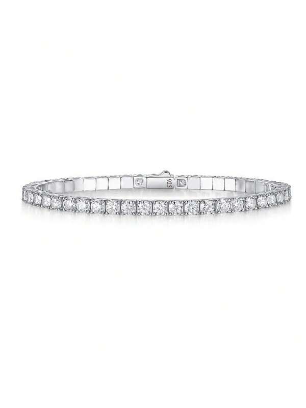 1pc Luxury Round Cubic Zirconia Genuine Sterling Silver 925 Gorgeous Chain CZ Tennis Bracelet For Women Female Wedding Party Bridal Jewelry