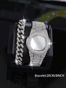 2pcs/Set Women's Luxury Fashion Rhinestone-Set British Watch Bracelet Chain 2-Piece Set - Model 3002 - View 5