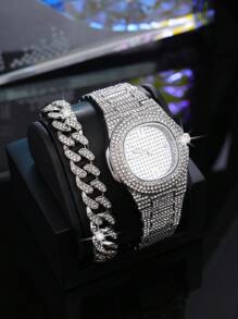 2pcs/Set Women's Luxury Fashion Rhinestone-Set British Watch Bracelet Chain 2-Piece Set - Model 3002 - View 1