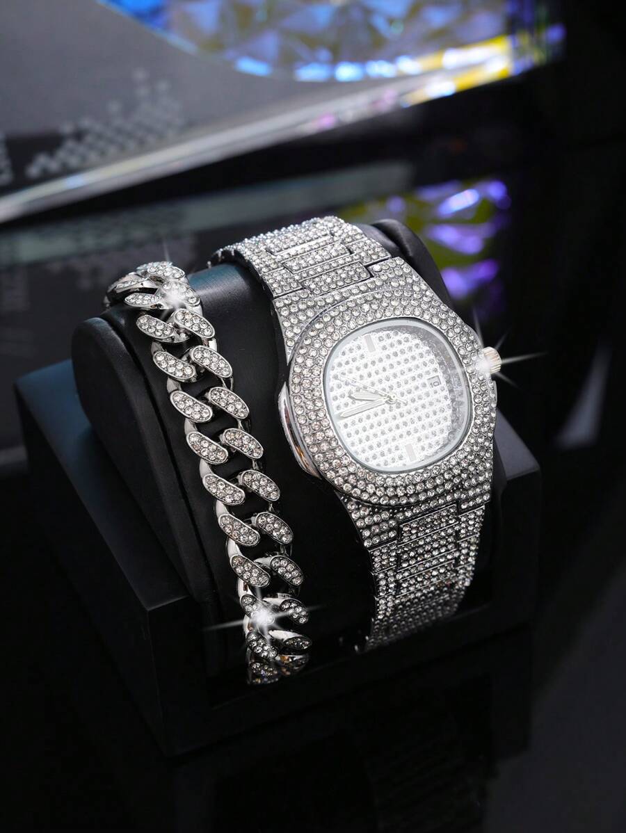 2pcs/Set Women's Luxury Fashion Rhinestone-Set British Watch Bracelet Chain 2-Piece Set - Model 3002 - View 1