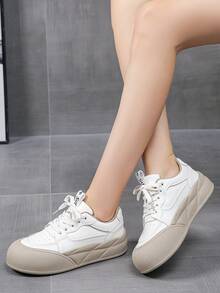 女士白色运动鞋厚底低帮圆头系带鞋皮革表面 - 杏色 - 查看 3