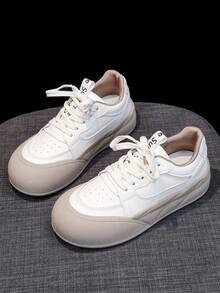女士白色运动鞋厚底低帮圆头系带鞋皮革表面 - 杏色 - 查看 5