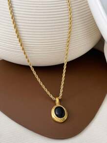 VKHK 1 Pc Vintage 18K Gold Plated Stainless Steel Black White Gem Stone Oval Pendant Necklace For Women Men Fashion Couple Jewelry Gift