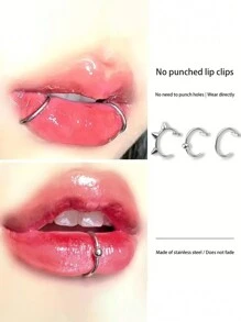 HOTNICE 3pcs Clip On Nose Ring Set Hip Hop Style Stainless Steel Lip Ring Jewelry Decoration Fake Piercing Jewelry Set - 3 Silver Lip Rings - View 2