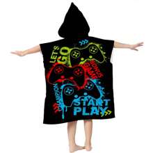 儿童连帽斗篷披风，男女通用卡通游戏手柄图案，超柔软吸水，适合浴室、海滩等场所，有两种尺码可选。 - 彩色 - 查看 3