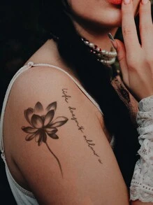 1 pieza Pegatina de tatuaje temporal con diseño de flor de loto negra para hombro, pecho, espalda - Negro - Ver 3