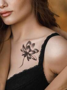 1 pieza Pegatina de tatuaje temporal con diseño de flor de loto negra para hombro, pecho, espalda - Negro - Ver 2