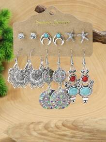 TopHanqi Juego de aretes colgantes de estilo vintage-geométrico con colgante hueco, decorado con turquesa y pedrería, para mujeres, elemento bohemio, para cuatro temporadas