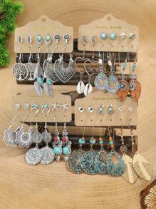 TopHanqi Juego de aretes colgantes de estilo vintage-geométrico con colgante hueco, decorado con turquesa y pedrería, para mujeres, elemento bohemio, para cuatro temporadas