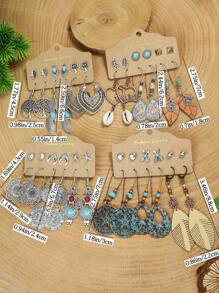 TopHanqi Juego de aretes colgantes de estilo vintage-geométrico con colgante hueco, decorado con turquesa y pedrería, para mujeres, elemento bohemio, para cuatro temporadas
