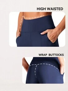 GEMCHO Women' Yoga Ultra Loose Pants With Pockets And Tummy Control High Waist In Flare Crop Spring/Summer - Navy Blue - View 3