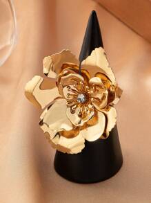 An Elegant And Fashionable Ring For Women With Adjustable Diameter, Embellished With Rhinestones And Faux Pearls Arranged In The Shape Of A Flower; Perfect For Attending Banquets, Parties Or Festivals, As Well As As A Gift To Wives. Valentines,Mom,Mother,Mother's Day,Gift - Yellow Gold - View 5