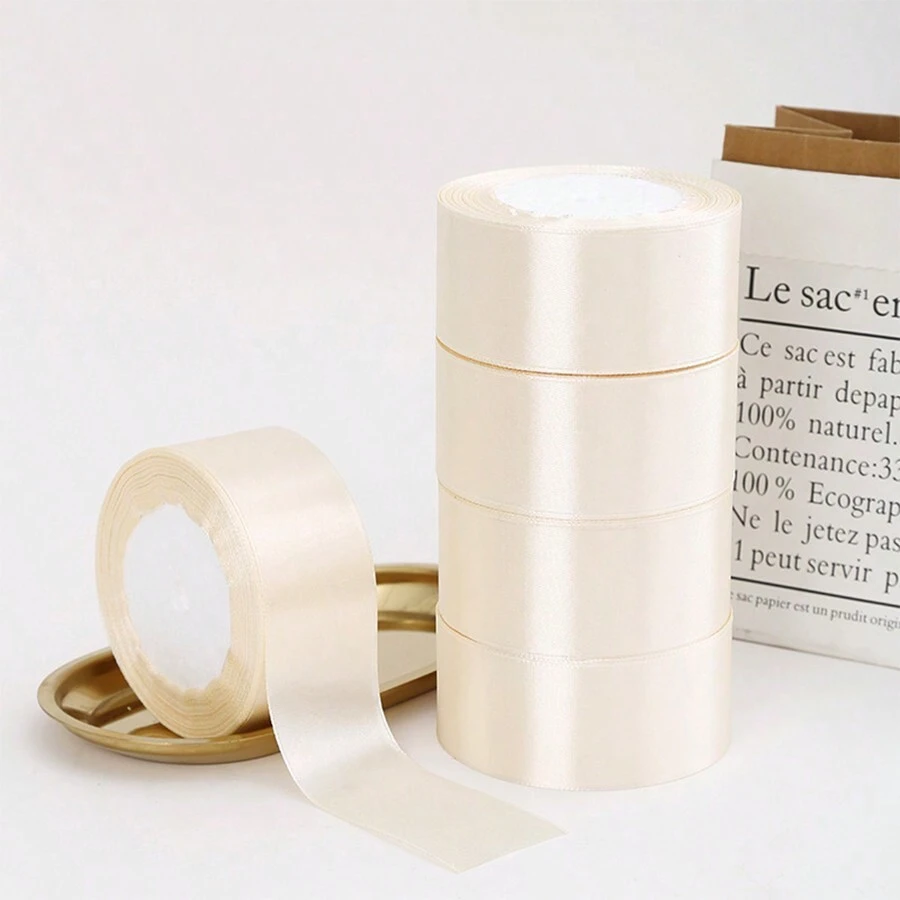 1/5pcs Satin Ribbon, For DIY Rose Flower Decor, Gift Wrapping - Wedding Party Bow Ribbon, Back To School Valentine Day - Beige - View 1