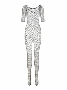 One Piece Sexy Black Strapless Fishnet Bodystocking With Open Crotch And Sleeves For Rave - Black - View 2