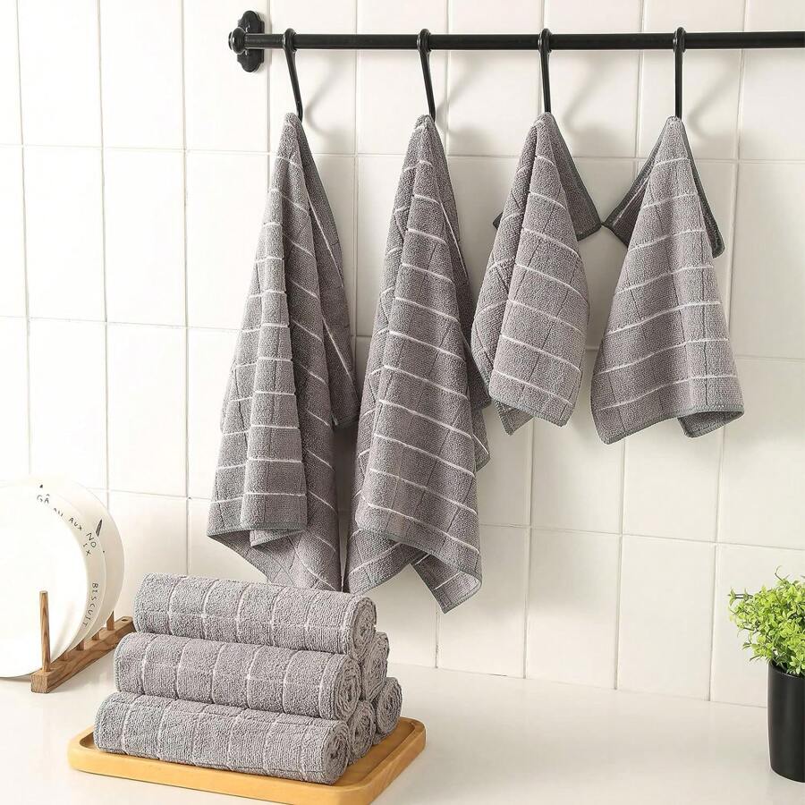 HYER KITCHEN 2/4/6 Set Of Dish Towels With Grid Pattern, Different Sizes, Ultra-Soft, Quick-Drying, Multi-Functional,Kitchen,Bathroom,Home,Household Suppliers - Grey - View 1