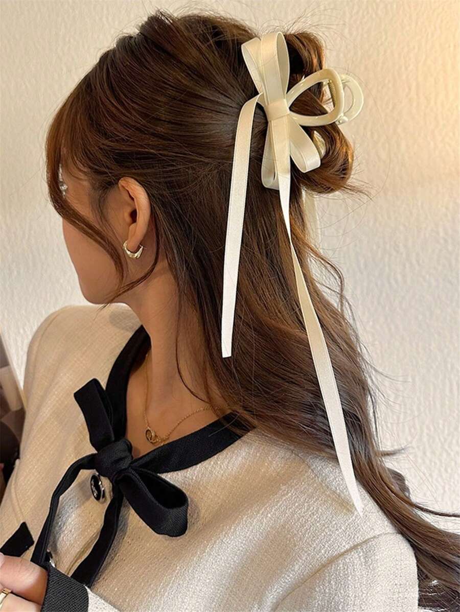 纯色双蝴蝶发夹配丝带，简单适合女孩节日派对日常使用发夹爪夹发夹发夹发夹发夹发夹发夹，休闲 - 查看 1