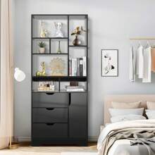 71-Inch Tall Storage Bookcase, Modern Stylish Bookshelf With Doors And 3 Drawers, Multi-Functional Display Cabinet Furniture, Wood Shelving Unit For Room Decor, Bedroom, Living Room, Hallway, Home Office - màu đen - Xem 5