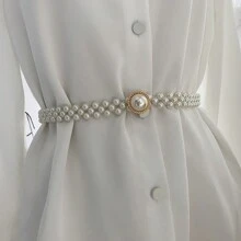Un cinturón elástico con perlas para mujer, estilo simple con hebilla de perlas de gran tamaño, cadena para la cintura, que combina con faldas, collares y joyas delgadas para la cintura, ideal para Halloween, verano, escuela, otoño - Blanco - Ver 2