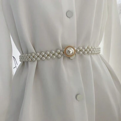 One Elastic Pearl Beaded Belt Women Simple Large Size Pearl Buckle Waist Chain, Matching Skirts, Necklaces, Beaded Thin Waist Jewelry Halloween Summer, School Fall, Autumn, Halloween