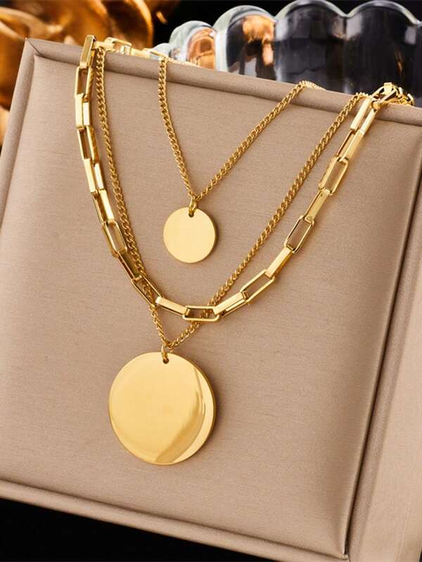 One Stainless Steel Three-Layer Exaggerated Large Circular Pendant Hip Hop Personality Cool Multilayer Necklace Stackable Jewelry