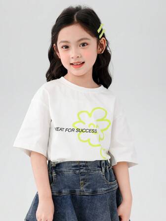 zosee Camiseta estampada de girassol para meninas jovens, manga curta, verão 2024, nova camiseta branca versátil, leve