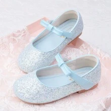 CAIWENNIAO Girls' Princess Shoes Children's Blue Leather Bowknot Shoes Flat Performance Shoes