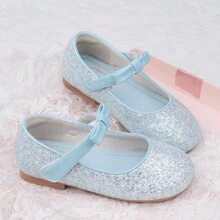 CAIWENNIAO Girls' Princess Shoes Children's Blue Leather Bowknot Shoes Flat Performance Shoes