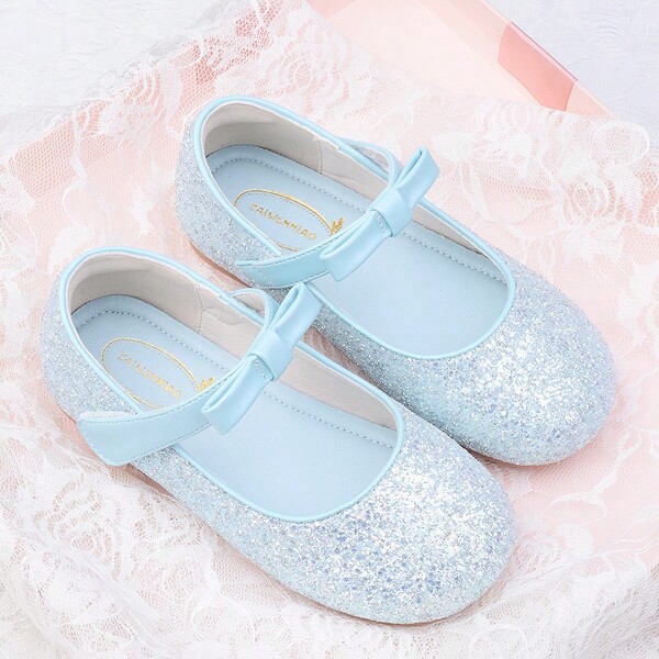 CAIWENNIAO Girls' Princess Shoes Children's Blue Leather Bowknot Shoes Flat Performance Shoes