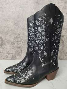 Rhinestone Boots Glitter Black Boots Cowgirl Boots Knee High Boots Victorian Boots Chunky Heel Pull On Western Boots For Women - màu đen - Xem 2