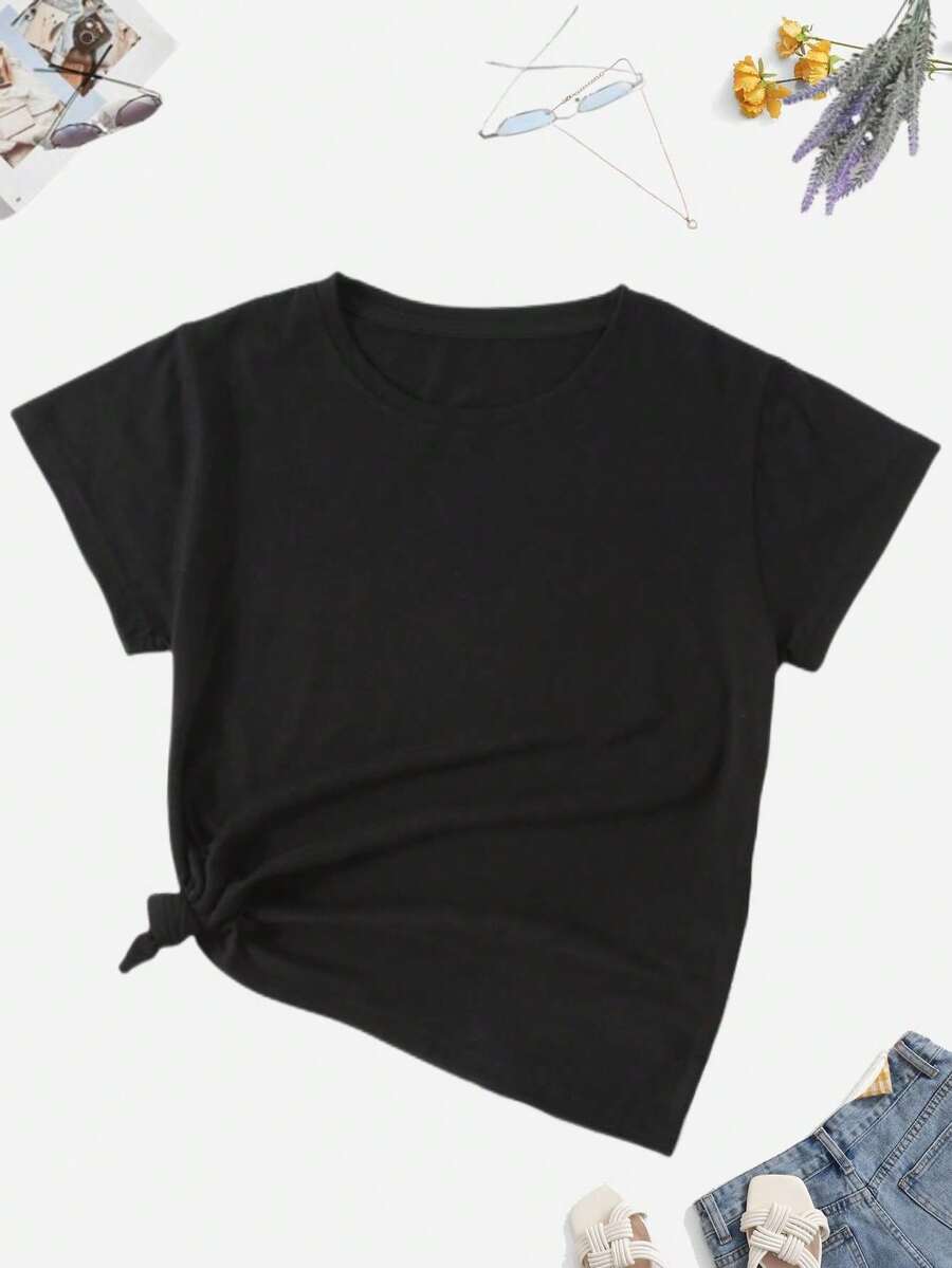Blusa, de mujer, Básico, Cuello redondo, playera, playera básica asiluetada - Negro - Ver 1