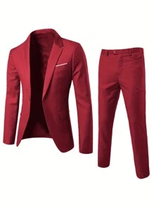 Men Lapel Collar Four Seasons Suit - Burgundy - View 3