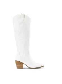 Knee High Boots Women, Pull On Zipper Chunky Heel Pointed Toe Embroidered Western Cowgirl Cowboy Boots Christmas Fall - 白色/PU - 查看 7