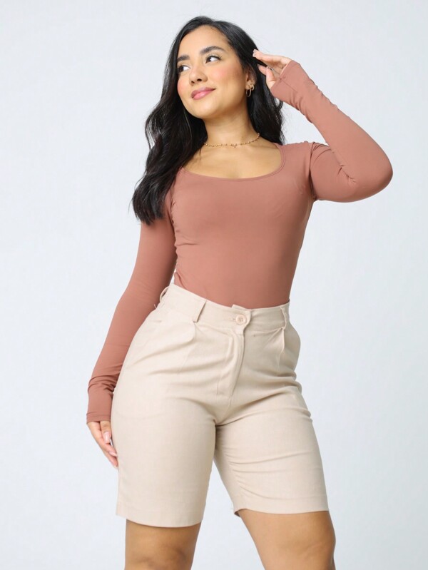 Bermuda Linho Short Ciclista Meia Coxa Cintura Alta Bolsos Moda Casual Confortável