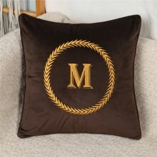 1pc Blue Plush Fabric Embroidered Edge Sofa Pillowcase Bedroom Bedside Backrest Cushion Decorative Pillowcase For Bay Window (Core Not Included) - Coffee Brown - View 2