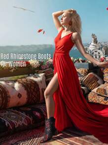 Rhinestone Women's Ankle Cowboy Boots Sparkly Pointed Toe Low Chunky Heel Vintage Short Cowgirl Shoes - 紅色 - 查看 7