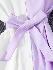 Tween Girl Tay ngắn mùa hè cổ bẻ Chắp vá trang phục thường ngày - Màu tím - Xem 5