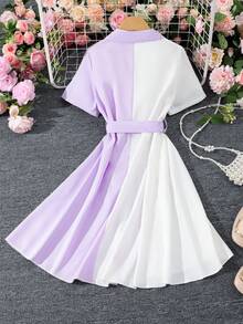 Tween Girl Tay ngắn mùa hè cổ bẻ Chắp vá trang phục thường ngày - Màu tím - Xem 2