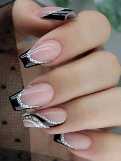 Atualize o seu visual com 24 peças de pontas de unhas falsas em formato de caixão preto francês, apresentando design de linha ondulada. Adequado para mulheres e meninas. Unhas postiças, suprimentos para unhas.