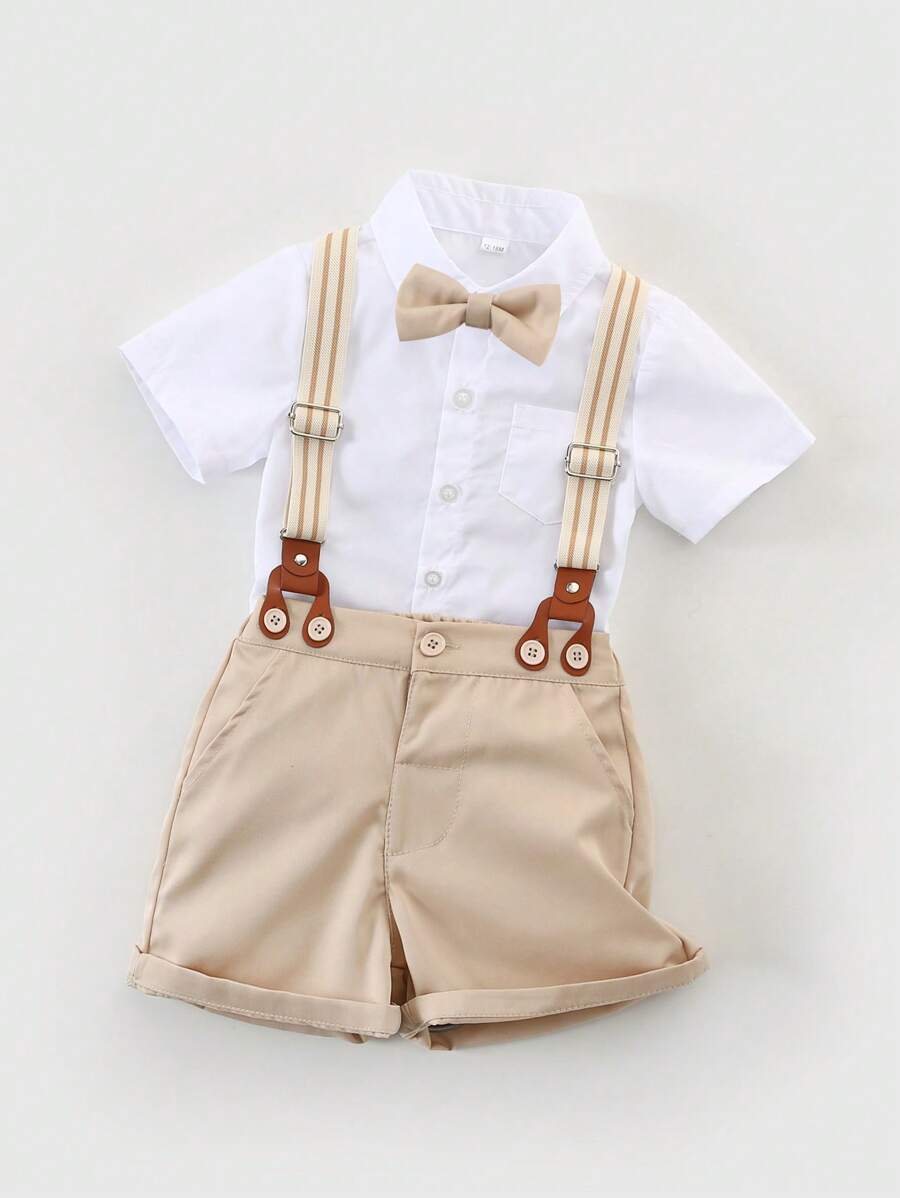 Young Boy Summer New Casual Short Sleeve Shirt With Suspenders Shorts Gentleman Formal Wear Suit