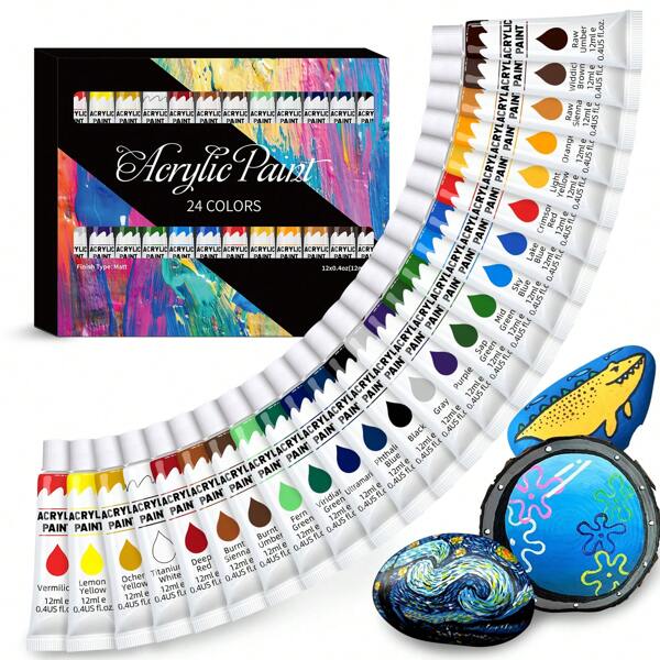 Acrylic Paint Set 12/24 Packs Of 12mL Paints, Craft Paint For Canvas, Wood, Fabric, Leather, Cardboard, Paper, MDF And Crafts Back To School,Mother's Day,Mom's Gift