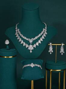 歐美風格沙烏地阿拉伯迪拜最新婚禮珠寶套裝,含aaa級立方氧化鋯水晶裝飾的新娘雙層項鍊、耳環和手鍊,適用於婚紗禮服 - 白色 - 查看 1