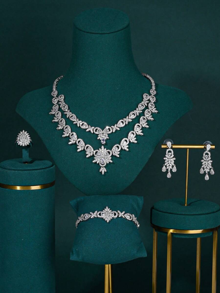 歐美風格沙烏地阿拉伯迪拜最新婚禮珠寶套裝,含aaa級立方氧化鋯水晶裝飾的新娘雙層項鍊、耳環和手鍊,適用於婚紗禮服 - 白色 - 查看 1
