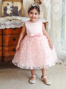Vestido de Tule com Laço na Cintura com Contraste Floral para Meninas, Elegante e Fofo para Passeio