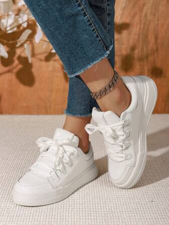 Women's Leather Breathable Platform Shoes Thick-Soled Casual White Sneakers Loafers, Suitable For Sports, Daily Wear