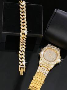 2pcs/Set Women's Luxury Fashion Rhinestone-Set British Watch Bracelet Chain 2-Piece Set - Model 3002 - View 4