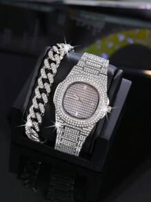 2pcs/Set Women's Luxury Fashion Rhinestone-Set British Watch Bracelet Chain 2-Piece Set - Model 3002 - View 6