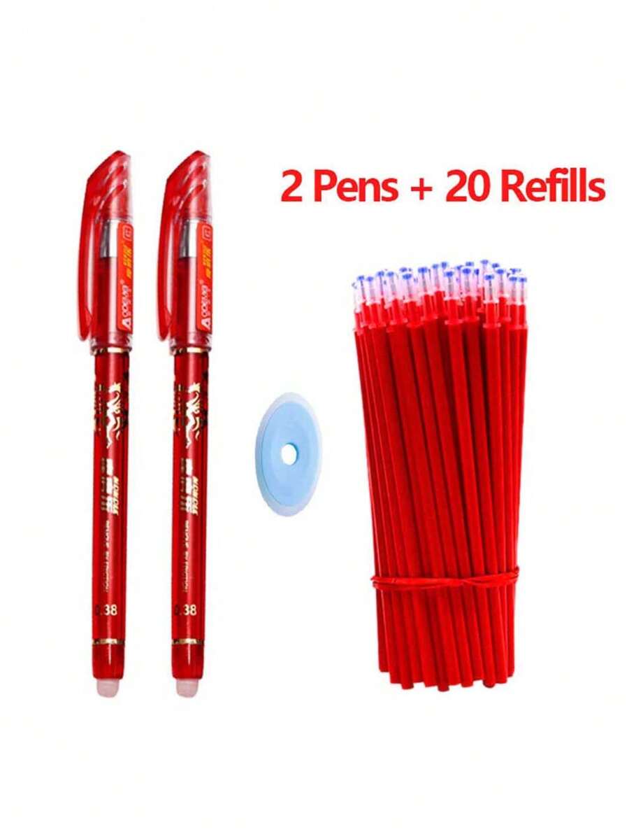 1 Pack 2 Pens + 20 Pen Refills + Randomly Send 1 Eraser 0.38mm Student Erasable Pen Erasable