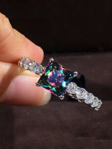 1pc Shiny Fashionable Square Cubic Zirconia Ring, Women's Wedding Engagement Promise Eternal Ring, Anniversary Ring, Birthstone Ring, Daily Ring